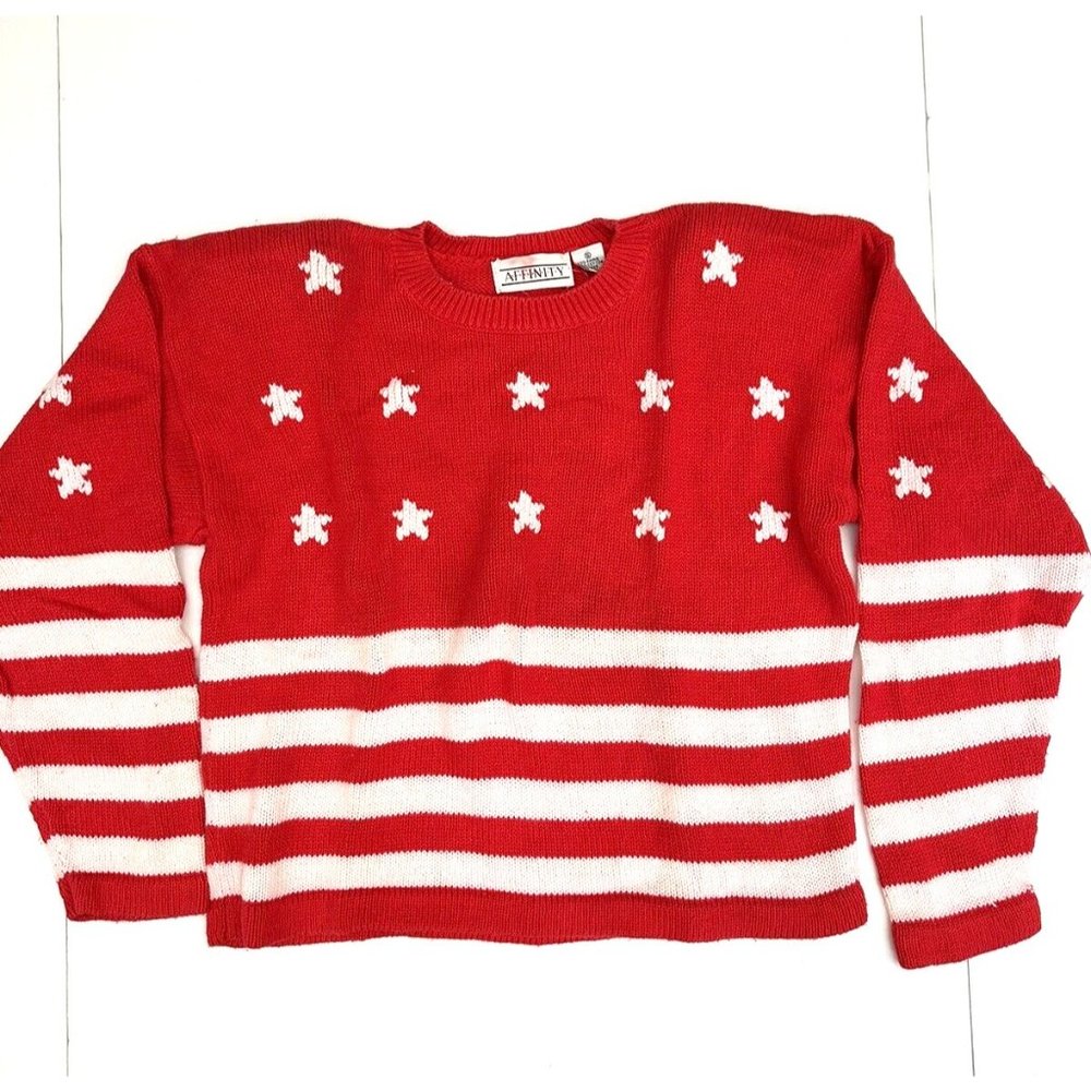 Vintage Women's AFFINITY Red Pullover Loose Fit Crop Sweater Stars/Strips Small